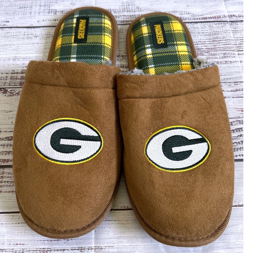 FOCO Green Bay Packers Slippers Men Brown Plaid Faux Fur Scuff Size 11-12